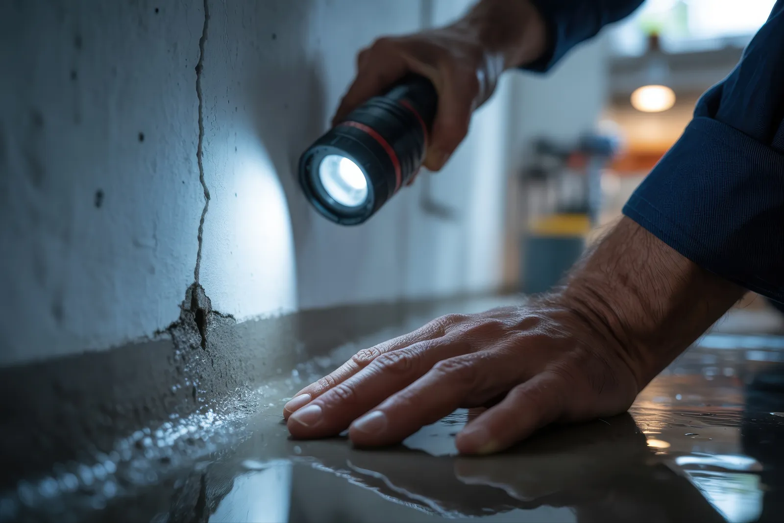 En spricka i källargolvet lyses upp med ficklampa vid utredning av markradon i Västerås
